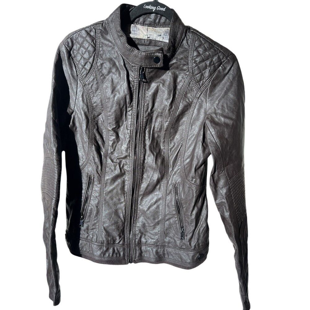 💚 Women's Cavalini Brown Faux Leather Jacket with Quilted Accents‎ Size Medium